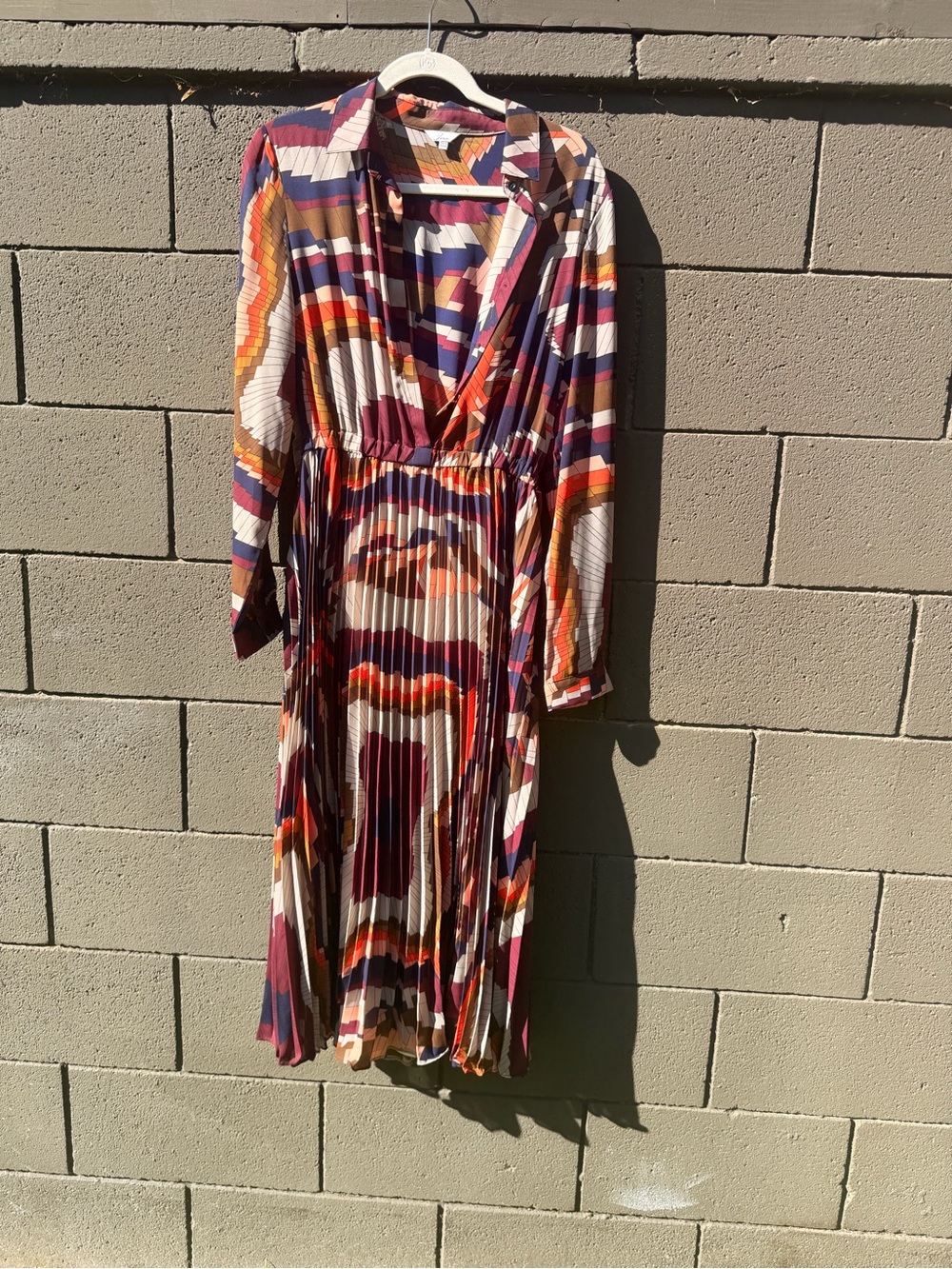 Long Sleeve Pleated V-Neck Midi Dress in Multi-Stripe